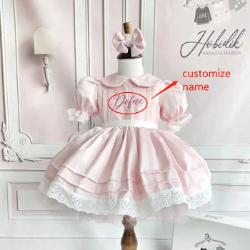 0-12 ЛЕТ, летнее Розовое платье для маленькой девочки, Пользовательское название, Винтажное Бальное платье принцессы в стиле Лолиты, платье на День рождения, Рождество Ид