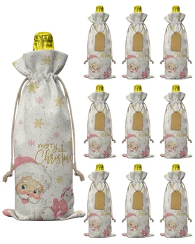 10шт Рождественских снежинок Санта-Клауса, сумка для винных бутылок со шнурком, декор для праздничной вечеринки, крышки для винных бутылок, Рождественский подарок