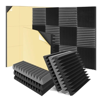 12 Упаковок самоклеящихся звуконепроницаемых стеновых панелей размером 2x12x12 дюймов для домашней студии и офиса, черные и серые