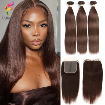# 4 Прямые пучки коричневого цвета с застежкой из человеческих волос Бразильского плетения с застежкой 5x5x1 для женщин Шоколадно-коричневого цвета