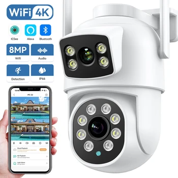 4K 8MP PTZ WIFI IP-Камера Ai Human Detect Auto Tracking С Двойным Объективом H.265 iCSee Беспроводная Наружная 4-Мегапиксельная Камера Видеонаблюдения
