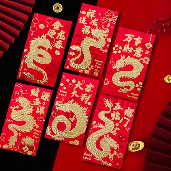 6шт китайских красных конвертов Сумка для подарочной упаковки HongBao с карманами для денег на удачу для весеннего фестиваля удачи на Новый год 2024 денежный мешок на удачу