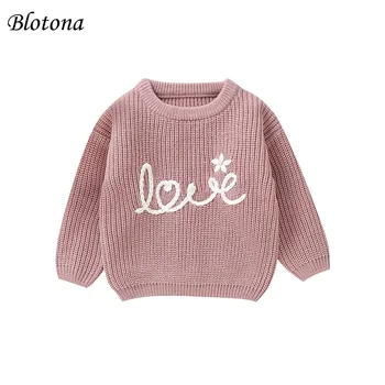 Blotona, осенне-зимний вязаный свитер для маленьких девочек, повседневный пуловер с буквенной цветочной вышивкой, трикотажные топы