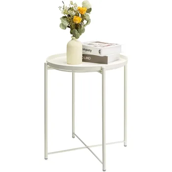 danpinera Белый приставной столик, уличный белый приставной столик Для небольших помещений, столик для патио, круглый металлический журнальный столик Молочно-белого цвета