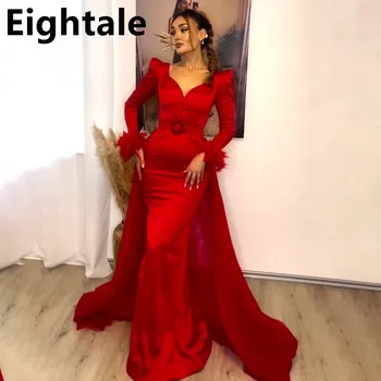 Eightale 2023 Красное вечернее платье с длинными рукавами из перьев Русалки для свадебной вечеринки, атласное платье для выпускного вечера, вечернее платье в Дубае