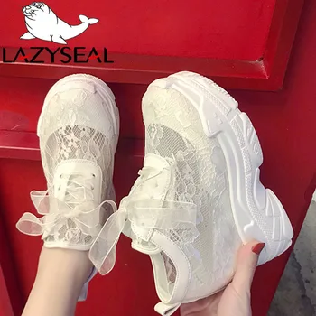 LazySeal, увеличивающие рост, ботильоны на кружевной платформе, Женская прогулочная обувь на шнуровке, Белые дышащие женские кроссовки из воздушной сетки