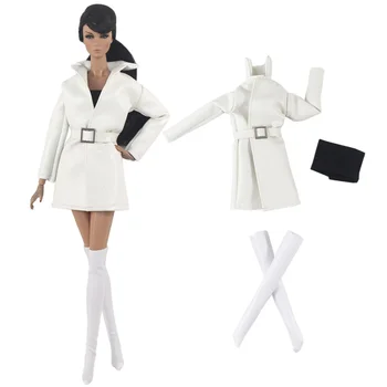 NK 1 комплект Белого кожаного наряда для куклы Барби, аксессуары для леди, длинное пальто, Носки для 1/6 BJD, модная одежда, игрушки