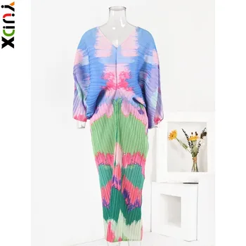 YUDX Miyake Весеннее Новое Плиссированное платье с красочным принтом, Женское платье с V-образным вырезом и рукавами 