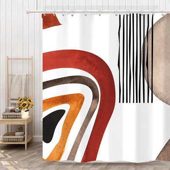Абстрактная занавеска для душа середины века, минималистичные линии, Полосатая Современная простая красно-оранжевая водонепроницаемая ткань из полиэстера, декор ванной комнаты
