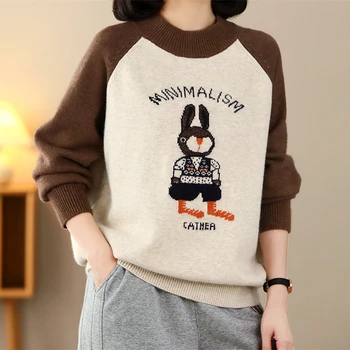 Американский рукав Реглан, жаккардовые свитера с имитацией кролика, женские зимние топы Y2K для девочек, Уличная одежда, Свободный пуловер, кавайная одежда