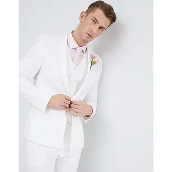 Белые однобортные костюмы с вырезами на лацканах для мужчин, Модные Деловые Официальные Повседневные наряды, Свадебный Смокинг для жениха, Приталенный Комплект из 3 предметов