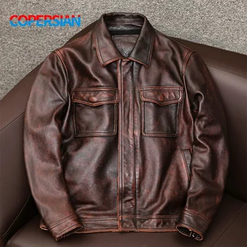 Бесплатная доставка! Красно-коричневая винтажная кожаная куртка, мужской топ, мотоциклетное тонкое пальто