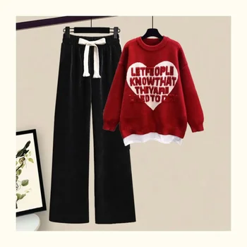 Весенне-осенний модный комплект для женщин 2024, Новый Корейский свитер свободного кроя с сердечками, Повседневные Широкие брюки, комплект из двух предметов