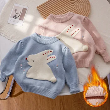 Весенний свитер для девочек 2024, вышитый 3D-узором в виде кролика, вязаный топ, модная милая верхняя одежда для маленьких девочек с круглым вырезом