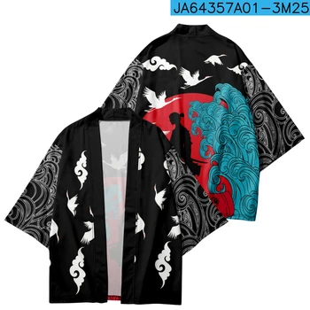 Винтажные рубашки, Летнее пляжное кимоно, рубашка с рисунком воина из японского аниме, рубашка с рукавами 3/4, модное кимоно Хаори, юката для мужчин