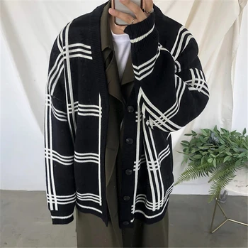 Вязаный свитер Кардиган Мужской Harajuku Корейский Японский стиль Клетчатый Полосатый свитер Мужской свитер Уличная одежда
