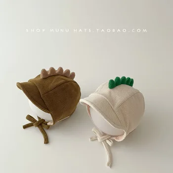 Детская шапка ins в корейском стиле, осенне-зимняя теплая шапочка для защиты ушей, милая кружевная шапочка с динозавром, модная детская шапочка