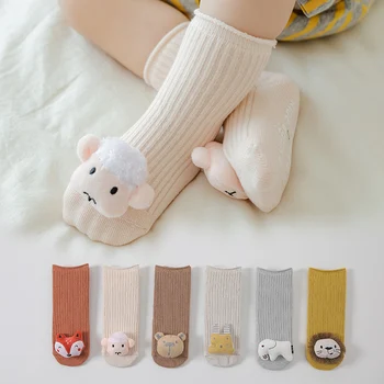 Детские весенне-осенние носки средней длины с мультяшными животными, детские нескользящие носки от 0 до 3 лет