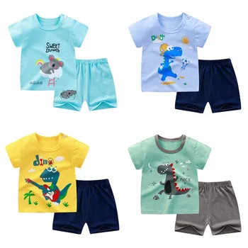 Детский хлопковый костюм с короткими рукавами с героями мультфильмов, летняя одежда из двух предметов для мальчиков и девочек с круглым вырезом, тонкая одежда