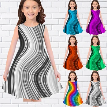 Детское Платье без рукавов для маленьких девочек, платье для девочек с 3D цветным принтом для детей, повседневное Милое платье выше колена без рукавов 80-180 см