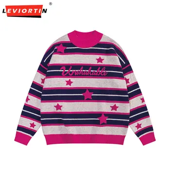Жаккардовый свитер в полоску с пятиконечной звездой, мужской осенне-зимний Ретро повседневный свободный пуловер с круглым вырезом и длинными рукавами