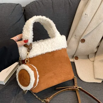 Женская винтажная сумка из искусственной замши, дизайнерская роскошная плюшевая сумка-ведро, женская зимняя сумка через плечо на цепочке с кошельком для монет, мода 2023 года