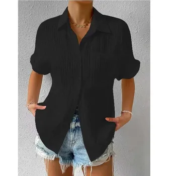 Женская летняя однотонная Свободная блузка большого размера с отложным воротником из хлопка, топ-рубашка, повседневная короткая верхняя одежда
