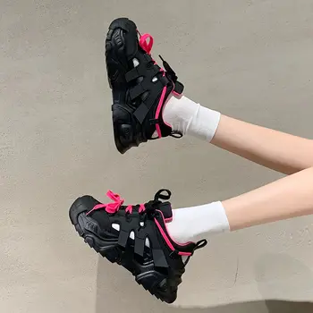 Женская обувь в стиле рок, розовая сетчатая дышащая обувь на высокой платформе, спортивная женская обувь черного цвета, спортивные кроссовки, хлопок, распродажа 39