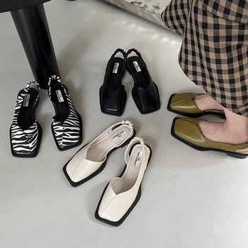 Женские босоножки с квадратным носком, модный тренд Baotou, Повседневная обувь на низком каблуке с плоской подошвой и эластичной лентой сзади, Sandale Femme
