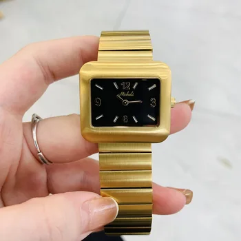 Женские кварцевые часы Mishali с роскошным прямоугольным квадратным циферблатом, Модные Золотые Черные часы, Часы из нержавеющей стали, женские Нишевые наручные часы