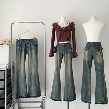 Женские расклешенные брюки из синего денима, окрашенного в американский цвет, уличные повседневные джинсовые брюки в стиле ретро, женские джинсы с низкой посадкой и прямыми штанинами