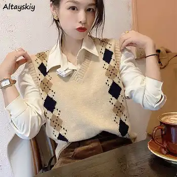 Женский свитер-жилет в классическую винтажную клетку, универсальный корейский стиль, простая мода, V-образный вырез, уютный дизайн, индивидуальный осенний трикотаж Mujer