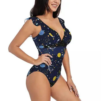 Женский цветной цельный купальник Galaxy Space, сексуальный купальник с рюшами, летняя пляжная одежда, купальник для похудения