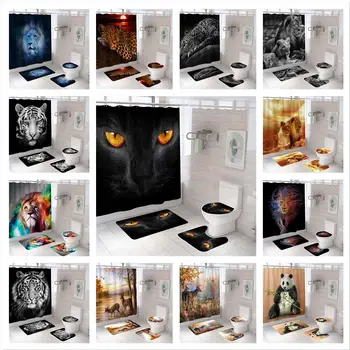 Животное Лев Панда, Забавный кот, Занавеска для душа с 12 крючками, занавески для ванной, декор для ванной комнаты, 4 шт., набор для ванной комнаты, товары для спальни