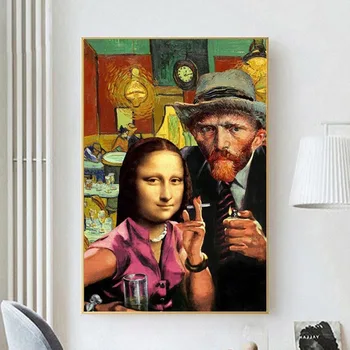 Забавное искусство Мона Лиза и Ван Гог Курят Картины на холсте Настенные художественные плакаты и гравюры Да Винчи Знаменитые картины для гостиной