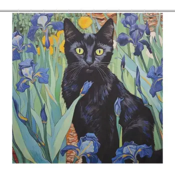Занавеска для душа с рисунком черной кошки Розы и травы из водонепроницаемой ткани Декор ванной комнаты Cortinas Занавески для ванны 12 шт. Крючки