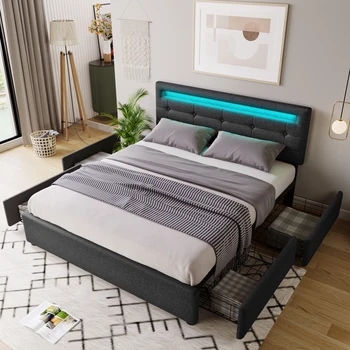 Каркас кровати-платформы с мягкой обивкой, 4 ящиками для хранения, светодиодной подсветкой и регулируемым изголовьем, пружинный блок не требуется