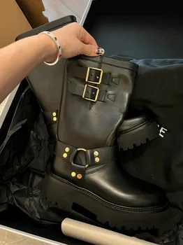 Кожаные сапоги до колена на платформе с круглым носком, черные ботинки до середины икры с металлической пряжкой, женские короткие ботинки-слипоны с дымоходом
