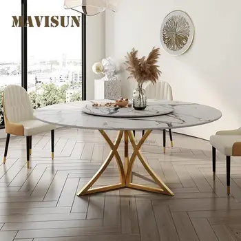 Комбинация круглого стола и стула Rock Board, Обеденный стол с поворотным столом и рамой из нержавеющей стали, мебель для ресторана и дома