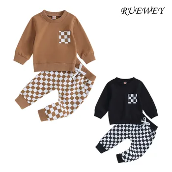 Комплекты верхней и нижней одежды RUEWEY для маленьких мальчиков, комплекты из 2 предметов, толстовка с длинным рукавом, топ и брюки в шахматном порядке, детская одежда