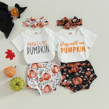 Комплекты Одежды для новорожденных девочек на Хэллоуин, комбинезон с коротким рукавом и буквенным принтом, боди, шорты с принтом тыквы, комплекты одежды с повязкой на голову