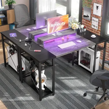 Компьютерный стол со светодиодной подсветкой, 55-дюймовый стол с розеткой питания и USB, большой стол с возможностью поворота и подвижной подставкой для монитора
