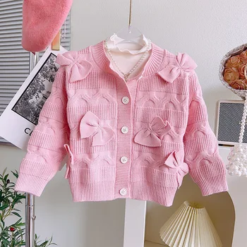 Корейская версия, вязаный свитер с бабочкой для девочек, куртка, свитер для девочек, осенняя одежда для маленьких девочек, кардиган для девочек, свитер от 2 до 7 лет