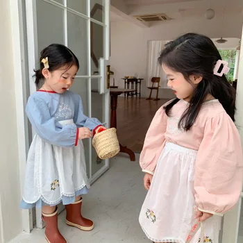 Корейская детская одежда, весенние новинки для девочек, круглый вырез, однотонное модное платье с вышивкой, фартук, комплект из двух предметов, Zljg