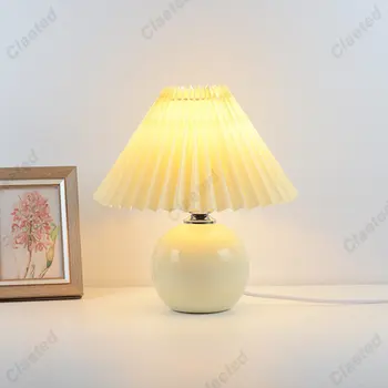 Корейская плиссированная настольная лампа Освещает настольную лампу Ceramicrattan для украшения дома в гостиной, трехцветную светодиодную лампочку, Винтажную прикроватную лампу.