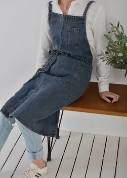 Корейский хлопчатобумажный фартук из плотной джинсовой ткани для стирки, устойчив к пятнам, домашняя кухонная рабочая форма, нагрудник на талии