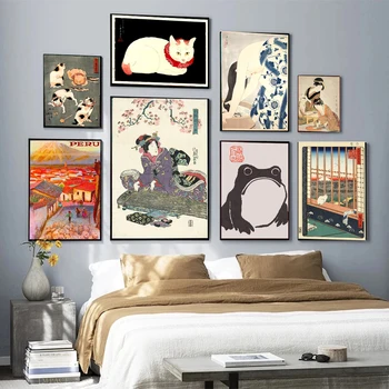 Кошка, лягушка и японка, моющая волосы, картина на холсте, настенное искусство, плакаты на скандинавскую тему и принты, настенные панно для декора гостиной