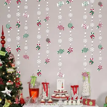 Красно-зеленый леденец на палочке, белая бумажная гирлянда в виде снежинок, Рождественская Конфетная гирлянда, украшения на день рождения для дома 2023 Новый год