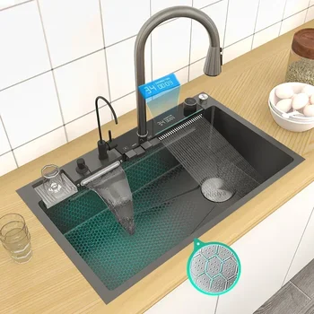 Кухонная раковина из нержавеющей стали с двойным Водопадом, Встроенный цифровой дисплей, Набор смесителей для умывания на кухне