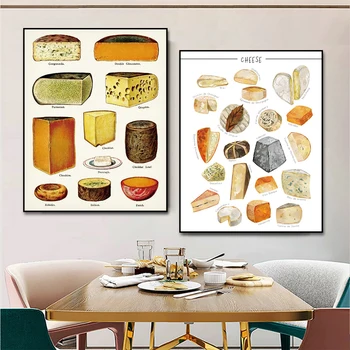 Кухонная стена Украшает таблицу видов сыра, плакат с принтами Сыра, Винтажное настенное искусство, холст, картина, столовая без рамки